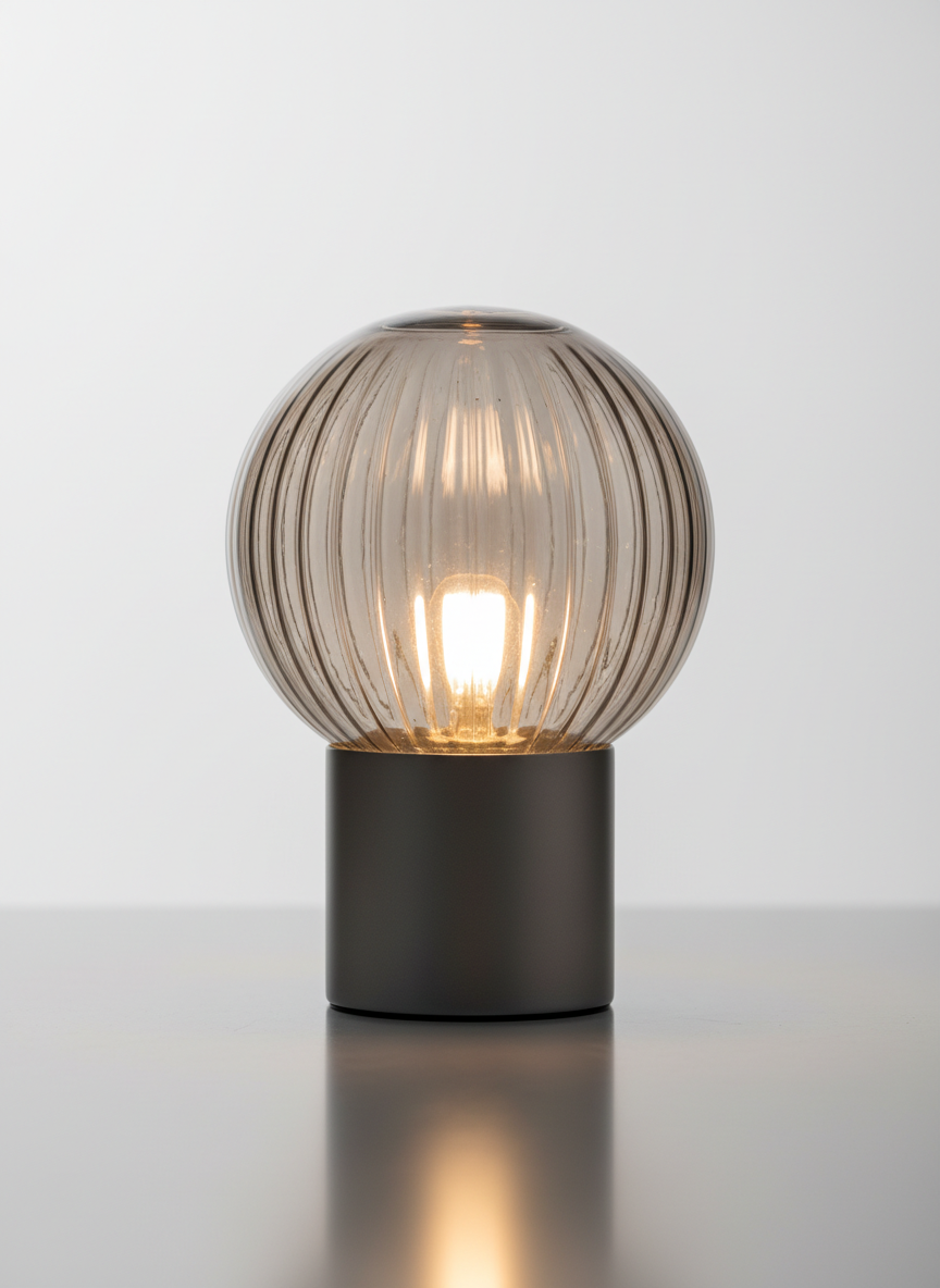 Ribbed Smoked Grey Glass Globe Lamp